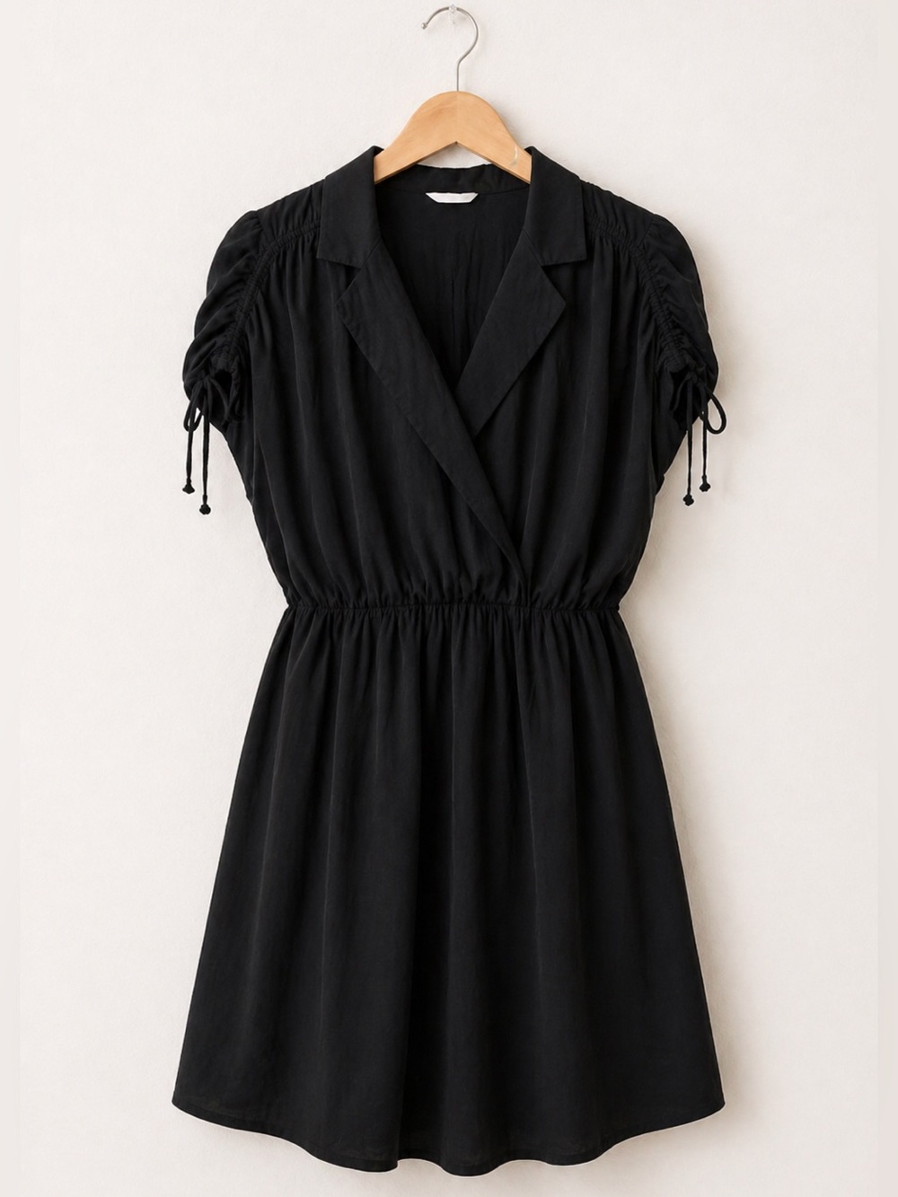 Anthro Maeve Carlotta Mini Dress L | Black V-Neck Ruched Sleeve Tie Detail